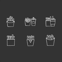 French fries chalk white icons set on black background. Fast food cafe menu. Fried potato in takeout paper packages. Take away meal and coffee to go. Isolated vector chalkboard illustrations