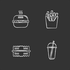 Takeaway food packages chalk white icons set on black background. Burger cardboard box, empty plastic container, disposable cup with straw, french fries pack. Isolated vector chalkboard illustrations