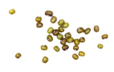Organic raw green beans mungo (Vigna radiata) isolated on white background, top view