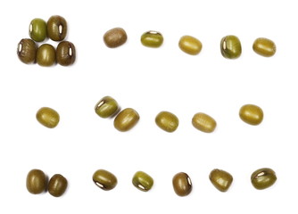Set organic raw green beans mungo (Vigna radiata) isolated on white background, top view and macro