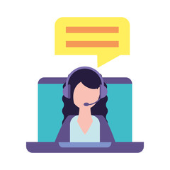 woman operator on laptop screen with headphones, customer service