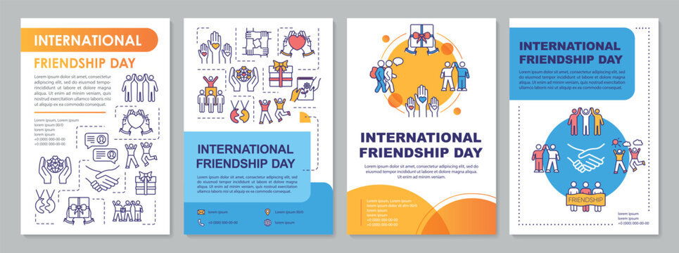 International friendship day brochure template. Friendly community. Flyer, booklet, leaflet print, cover design with linear icons. Vector layouts for magazines, annual reports, advertising posters