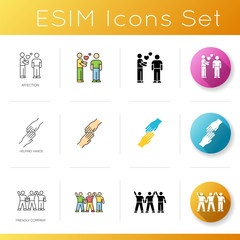 Friendship types icons set. Linear, black and RGB color styles. Affection, helping hand and friendly company. Social connection, friendly relationship. Isolated vector illustrations