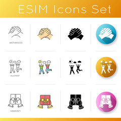 Social connection icons set. Linear, black and RGB color styles. Friendly interpersonal relationship, friendship. Brotherhood, enjoyment and generosity. Isolated vector illustrations