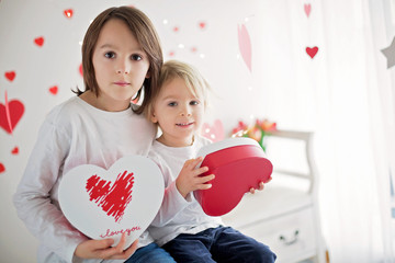 Cute blonde toddler boy and his older brother, holding box in heart shape and flowers