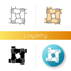 Loyalty icon. Linear black and RGB color styles. Strong social connection, collective bonding. Friendship, unity, teamwork. People holding together hands isolated vector illustrations