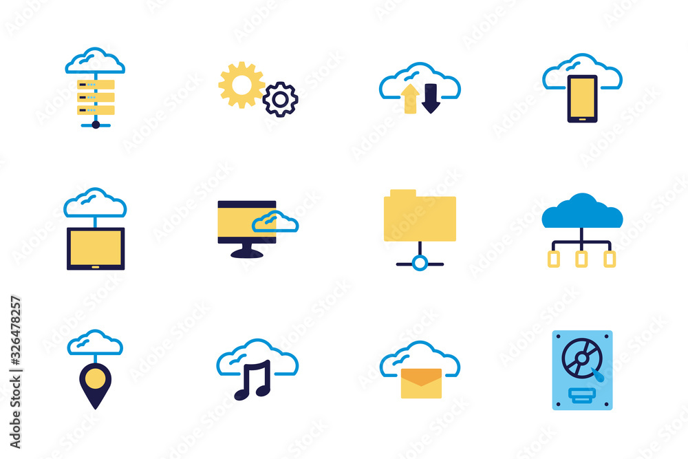 Poster bundle of cloud computing lineal colors style icons