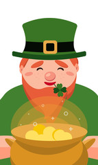 Happy St. Patrick day. A cute cartoon leprechaun holding a pot of shiny coins. Elf behind a cauldron with gold. March seasonal holiday. Modern flat vector illustration. Isolated on a white background.