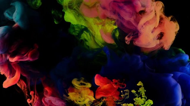 4K, Color drops in water, abstract color mix, drop of Ink color mix paint falling on water Colorful ink in water, 4K footage,