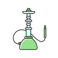Hookah RGB green color icon. Sheesha house. Shisha bar for leisure. Nargile lounge. Odor from pipe. Scent of vaporizing. Smoking area. Accessories for oriental hooka. Isolated vector illustration
