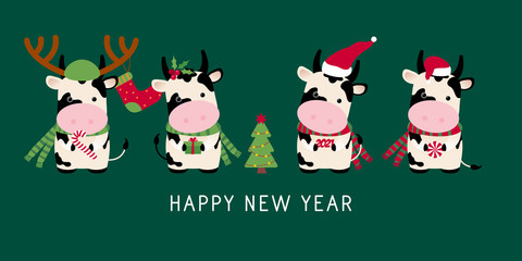 Christmas or New year tree. Cute ox, cow, bull. 2021 Winter background with cow. Ox horoscope sign. Chinese year of ox 2021. Happy New Year. Concept image of symbol Chinese new year