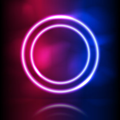 Glowing neon round frame. Glowing lighting and smoke loops. Pink blue spectrum vibrant colors, laser show