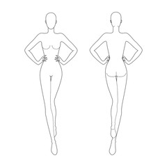 Fashion template 9 head for technical drawing with main lines. 