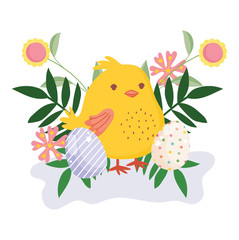 happy easter cute chicken decorative eggs flowers leaves nature