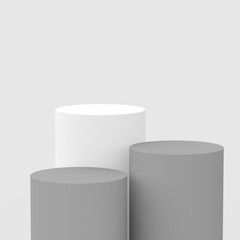 3d gray white cylinder podium minimal studio background. Abstract 3d geometric shape object illustration render. Display for cosmetic perfume fashion product.