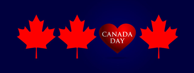 Panoramic banner for Canada Day red maple leaves and heart on a blue background. Vector illustration