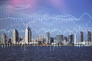 Forex chart on cityscape with skyscrapers wallpaper multi exposure. Financial research concept.