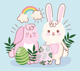 Obraz na płótnie Canvas happy easter pink and white bunnies eggs foliage decoration