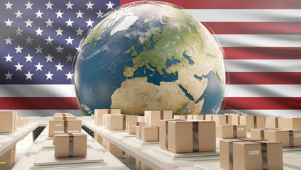 globe flag of America and packages 3d-illustration. elements of this image furnished by NASA