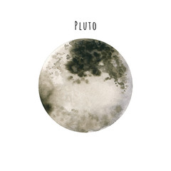 Watercolor Pluto. Hand drawn illustration is isolated on white. Painted planet is perfect for astrologer blog, interior poster, social media background, science and cosmic design