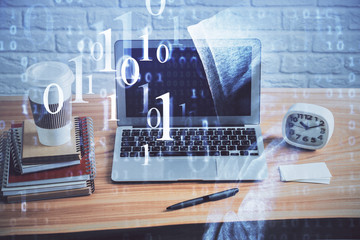 Technology theme drawing and table with computer. Double exposure. Concept of information.