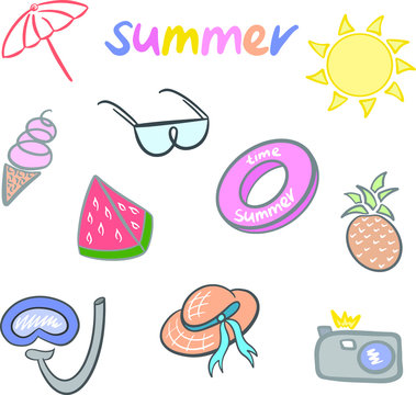 colored summer icons, sunglasses, hat, camera, sun, ice cream, mask and circle for swimming, pineapple, Doodle style umbrella, for stickers, accessories, scrapbooking, party, beach sign