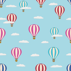 Hot air balloon seamless pattern vector background. An illustration with pink, blue and red colors. For children fabric, cloth, backdrop, wallpaper, wrapping paper. Printable eps 10 format.