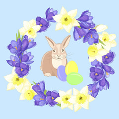 Cute rabbit in a wenge frame of crocuses and daffodils