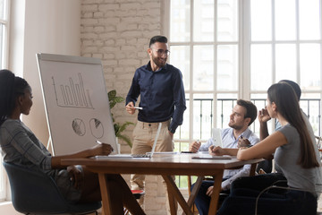 Middle eastern ethnicity business coach gives knowledge to diverse staff