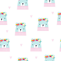 Seamless pattern with cute bear and heart. Childish pastel print. Vector hand drawn illustration. 