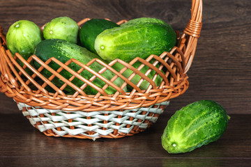 Green ripe cucumbers in a basket on the table_