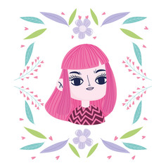 cute girl portrait cartoon flowers wreath leaves botany