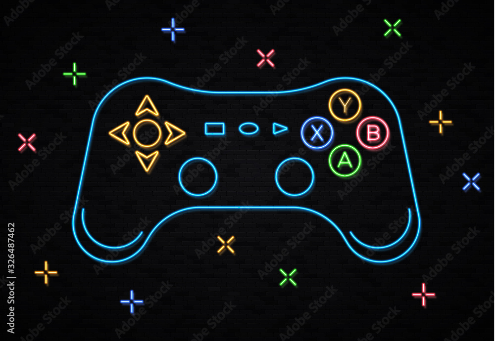 Poster neon game controller for video games on black brick wall. glowing outline gamepad icon with color de