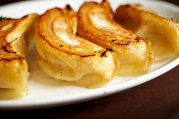 Pan fried dumpling on white plate
