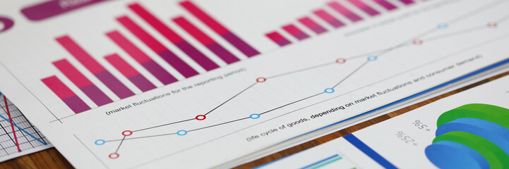 Close-up of biz documents with statistics data in charts, graphs and diagrams. Financial forecast...