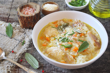 Italian food. Pancotto: bread soup with grated Parmesan cheese