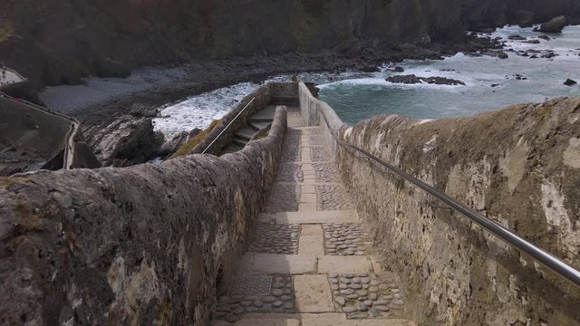 San Juan de Gaztelugatxe, Spain; 02 08 2020; Coastal shot of San Juan de Gaztelugatxe where the rough seas and huge cliffs surround the scenery.