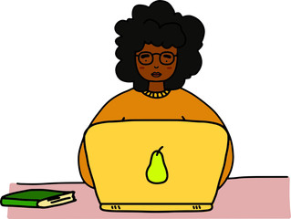 Black young woman with afro hair studying on a laptop hand drawn illustration vector