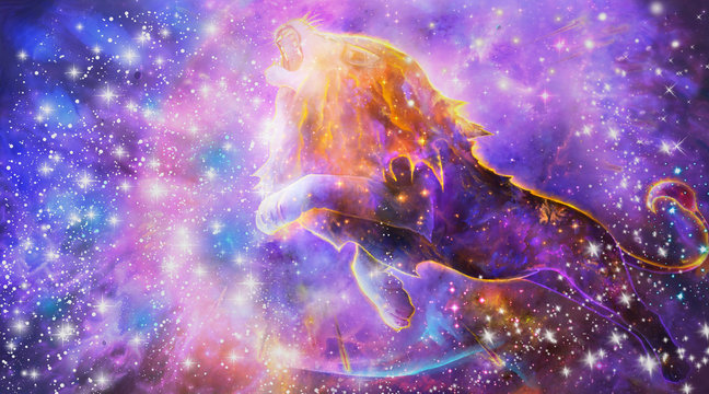Abstract Artistic Digital Paint Of A multicolored Lion Roaring In a Nebula Background
