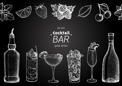 Alcoholic cocktails hand drawn vector illustration. Cocktails sketch set. Engraved style.Alcoholic drinks in glasses and bottle.