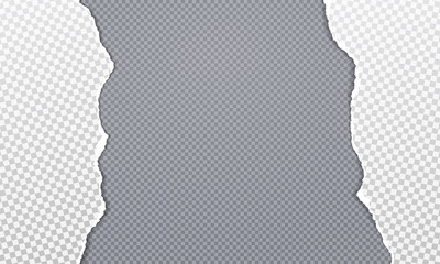 Torn, ripped pieces of vertical white paper with soft shadow are on dark grey squared background for text. Vector illustration
