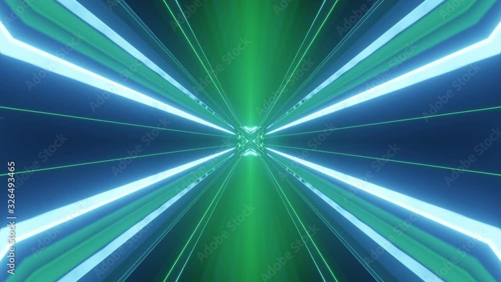 Poster sci-fi tunnel transformer with neon lights. 4k looped abstract high-tech tunnel. camera flies throug