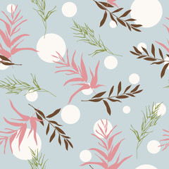 Botanical sketch drawing seamless pattern. Branches with leaves scattered random. Trendy abstract color vector texture. Fashion prints, fabric, design. Hand drawn leaf on grey polka dots background