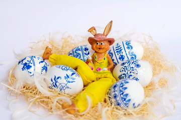 Easter Eggs with Blue Decoration Elements,Easter Rabbit  and Feathers .Easter Decoration 