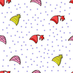 Vector background. Seamless pattern with winter hat. Warm winter hat in doodle style. Vector hand drawn illustration