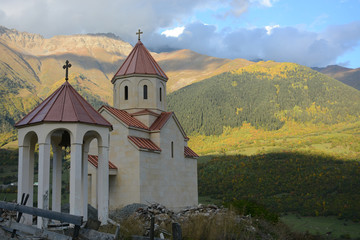 Mestia, Georgia - October 1, 2018: Beautiful place in Georgia in Svaneti region