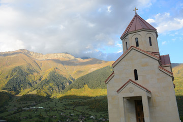 Fototapeta na wymiar Mestia, Georgia - October 1, 2018: Beautiful place in Georgia in Svaneti region