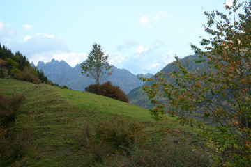 Mestia, Georgia - October 1, 2018: Beautiful place in Georgia in Svaneti region