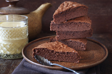 French cuisine. Chocolate cake. Genoise with English cream