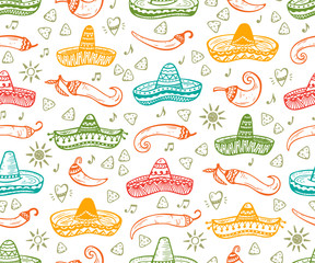Cotton fabric Colorful Mexican Seamless patterns. Mexico Vector background. Hand drawn doodle Mexican Sombrero, Sun, Pepper Chili, Nachos